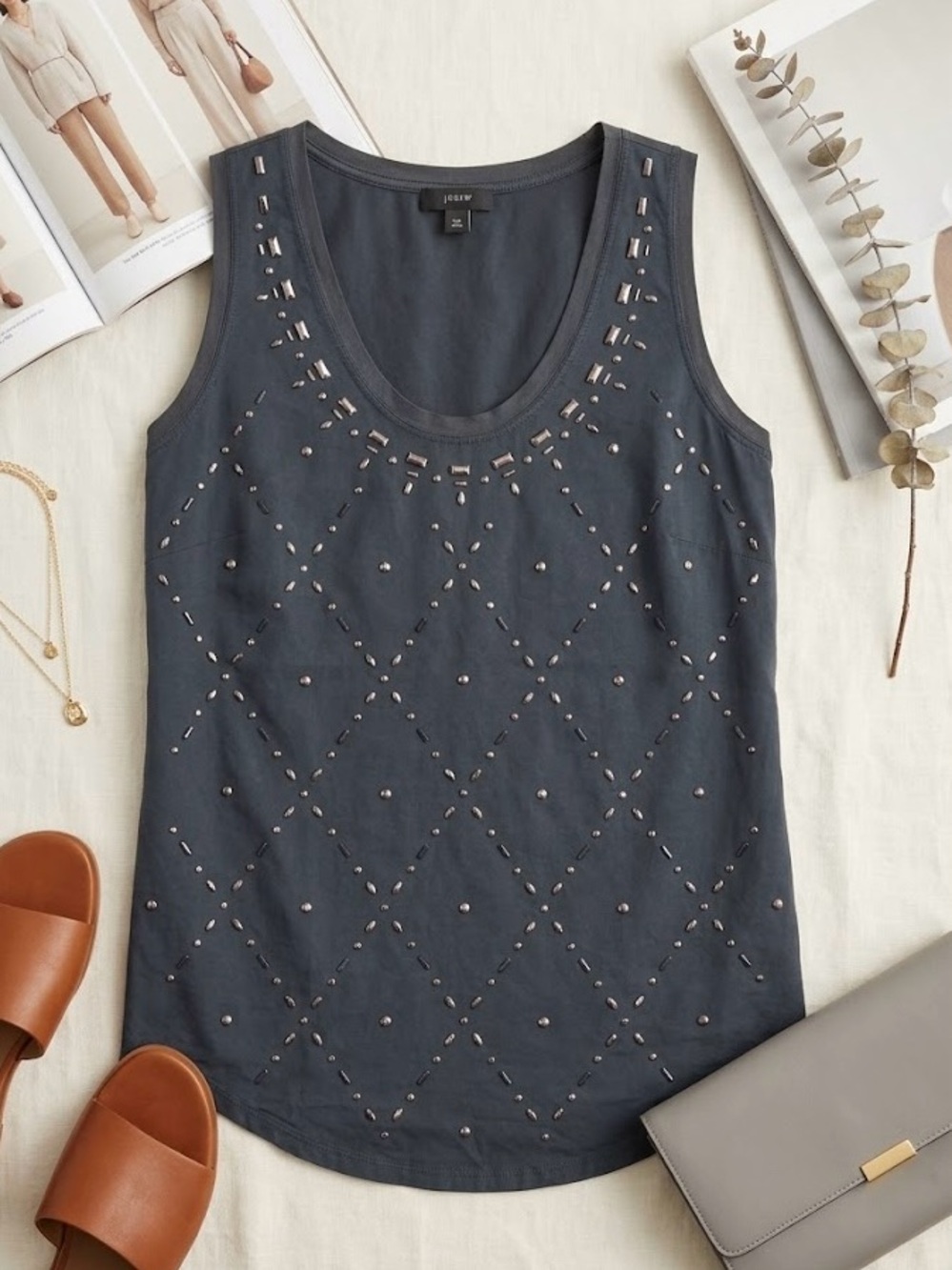 J. Crew Navy Embellished Cotton Tank Top